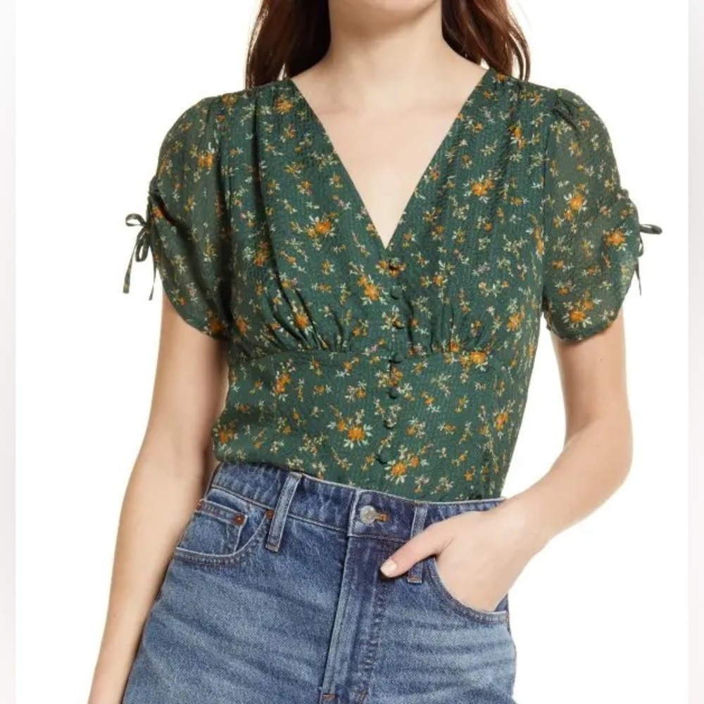 Madewell Silk Evie Tie-Sleeve Top in Fresh Sprigs